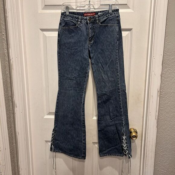 Vintage Unionbay Jeans Blue Flare Low Rise Lace Up‎ Tie Hems Y2K Size 5 Grunge - Picture 1 of 10
